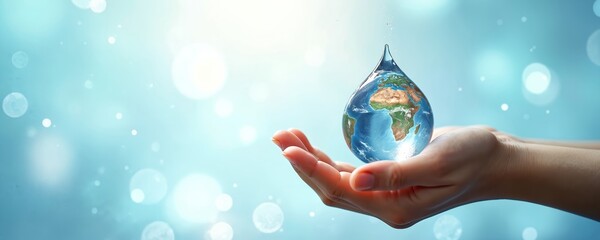Human hands cup water drop containing planet Earth. Concept of global water conservation protection and earth care. Clean planet awareness. Save water.
