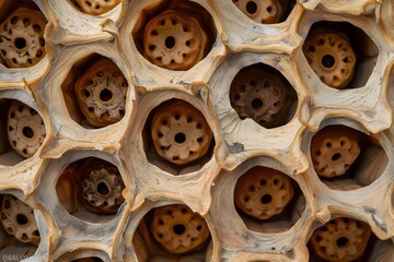 Minimalist botanical background: dried lotus pods arranged in repeated grid formation brick wall background