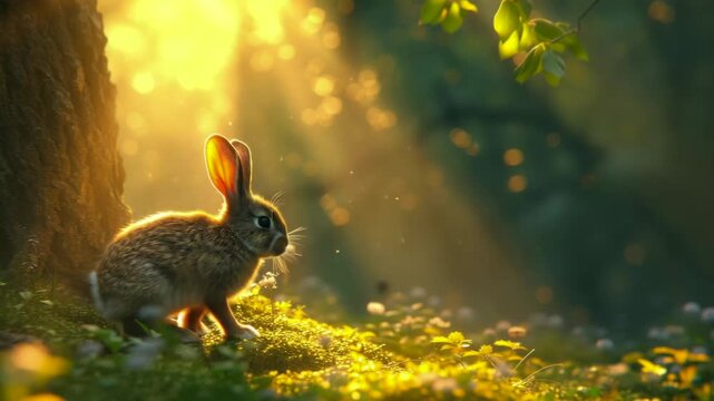young hare in the forest in sunlight