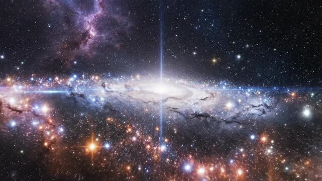 A vibrant galaxy illuminated by brilliant stars and celestial light, set within a vast cosmos