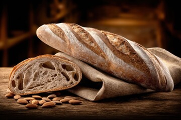 Freshly baked artisanal bread loaf on a wooden surface 