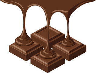 Four isometric chocolate squares with thick melted chocolate dripping down onto them, creating an inviting visual
