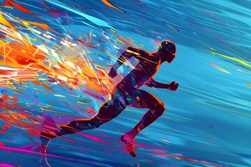 Vibrant pixel art sports figure running in motion with bright digital energy silhouette of a man jumping in the water