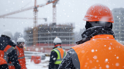 Obraz na płótnie Canvas Amidst falling snow, construction workers in hard hats and vests persist on-site, with cranes and a building frame as a backdrop. A scene of industry enduring winter.