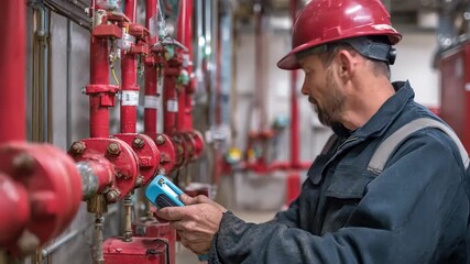 Professional performing biannual maintenance on fire alarms and sprinklers testing devices and replacing parts to guarantee operational efficiency in a commercial facility.