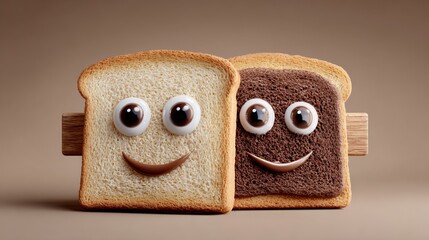 Two slices of bread with chocolate and peanut butter on them, with eyes and smiling faces. Concept of happiness and enjoyment of a delicious snack