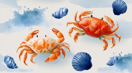 Two crabs are shown in a blue and white background with shells scattered around them. The crabs are orange and white, and they seem to be enjoying their time in the ocean