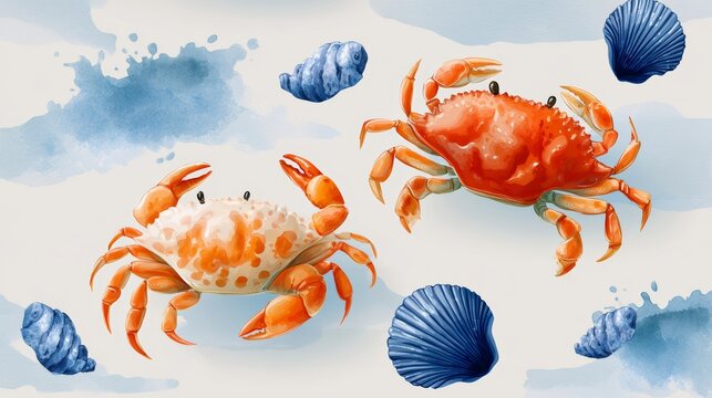 Two crabs are shown in a blue and white background with shells scattered around them. The crabs are orange and white, and they seem to be enjoying their time in the ocean - Powered by Adobe