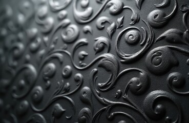 Dark grey embossed leather surface with ornate floral vine pattern. Intricate swirling abstract motifs create a luxurious textured background. Elegant vintage design detail perfect for crafts.