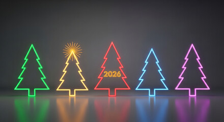 Five luminous christmas tree outlines in green, yellow, red, blue, and magenta, on a reflective surface. Symbolizes holiday spirit, and upcoming year