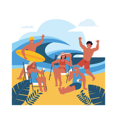 Fototapeta premium Friends Enjoying Summer Beach Vacation – Group Relaxing and Surfing Illustration