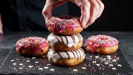 Delicious stacked donuts with colorful sprinkles and icing on dark background - Powered by Adobe