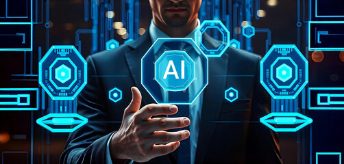 Businessman Touching Futuristic AI Hologram - Artificial Intelligence Concept