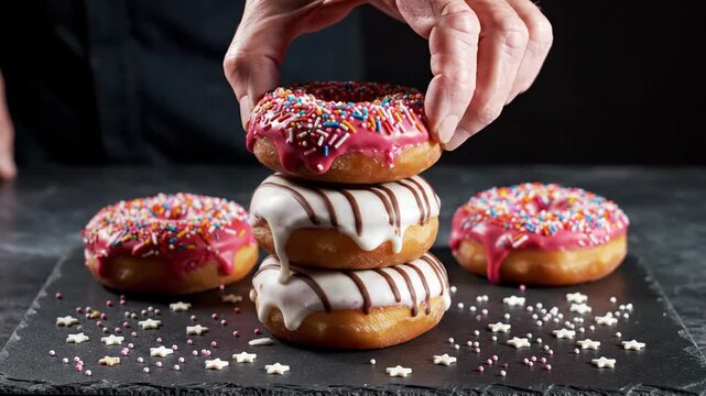 Delicious stacked donuts with colorful sprinkles and icing on dark background