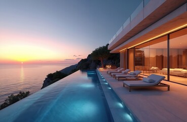 Fototapeta premium Modern luxury villa with infinity pool beside cliff overlooking ocean at sunset. Contemporary architecture offers expansive sea views, plush lounge chairs invite relaxation on terrace. Elegant home