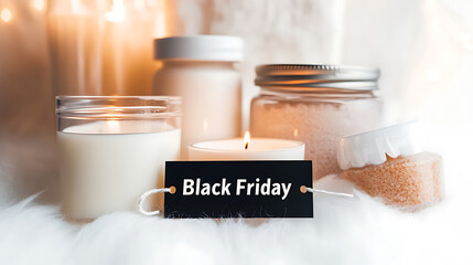 Warm, inviting ambiance with candles and bath salts, offering a serene and relaxing vibe. Black Friday sale tag adds a promotional element to the image.