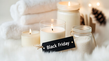 Tranquil spa scene: White candles, soft towels and a sale tag symbolizing Black Friday. A calm atmosphere for wellness deals. Time to relax and save. #WellnessSale