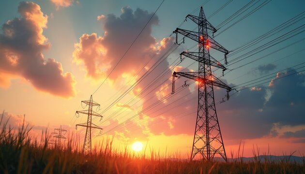 Power lines stretch across grassy field at sunset. Tall pylons carry electricity overhead against dramatic sky with clouds. Sun sets behind transmission towers.