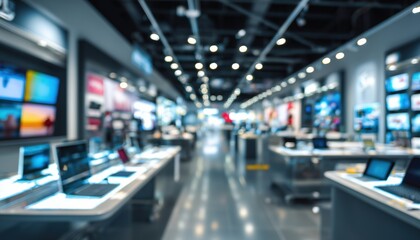 Blurred Image Of A Stylish Electronic Store Interior Displaying Bright Screens And Neat Design For Tech Lovers. Defocused Photograph.