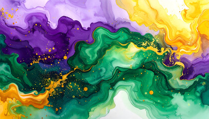 Abstract watercolor background with Mardi Gras colors: purple, green, and gold swirl pattern.