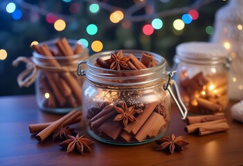 A jar with cinnamon, star anise and dried orange slices and other festive elements. A cozy winter scene on a blurred background.