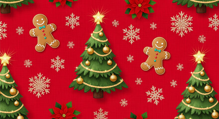 Festive red background with Christmas tree, gingerbread man, snowflake, and poinsettia decorations, representing holiday cheer and seasonal celebration
