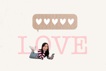 Creative poster photo image collage of happy girl hold phone receive notification subscriber follow blogging notification