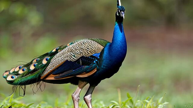 A vibrant peacock gracefully struts through lush greenery, its colorful plumage shimmering under the sunlight, showcasing natural beauty