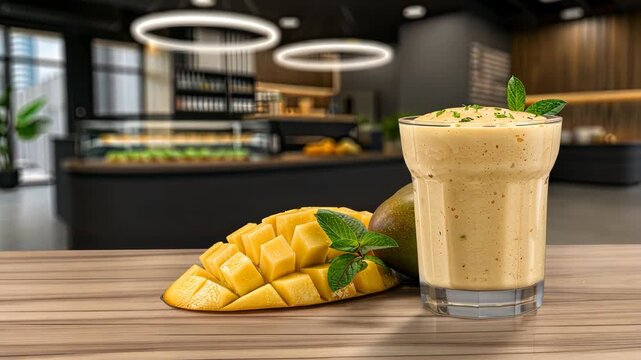 Enjoy a creamy mango smoothie perfectly blended and paired with fresh mango slices in a stylish cafe atmosphere