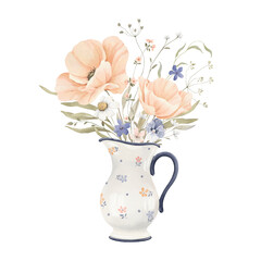 Ceramic jug with bouquet of delicate wildflowers, watercolor isolated illustration, in rustic provence style for invitation or greeting cards, poster or floral print.