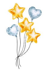 Floating stars and hearts watercolor balloons isolated on white background, hand drawn clip art.