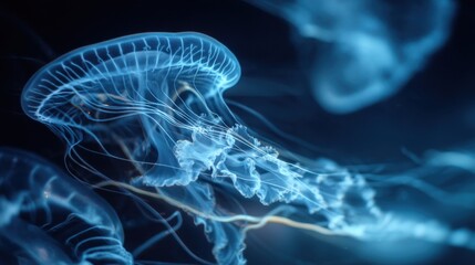 Jellyfish float gracefully in deep blue waters their tentacles trailing behind them. They move gently capturing food as they drift. This scene showcases their natural beauty.