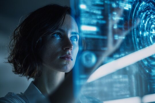 Close-up portrait of female scientist looking at blue futuristic data hologram interface, technology and analysis - Powered by Adobe