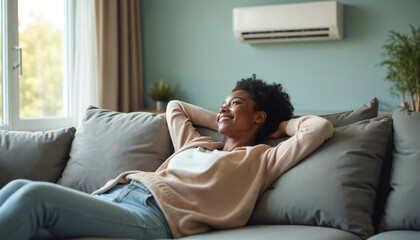Fototapeta na wymiar Happy black woman relaxing on sofa in air conditioned room. Young smiling female enjoys cool fresh air from wall unit. Girl rests comfortably on couch at home escaping summer heat with climate system.