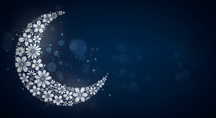 Crescent moon made of white flowers on dark blue background