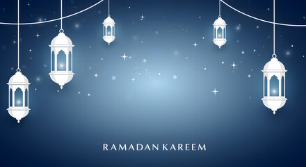White Ramadan lanterns hanging against a starry blue gradient background