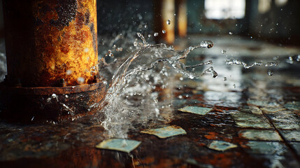 Rusty leaking water pipe in abandoned industrial building for urban exploration themes