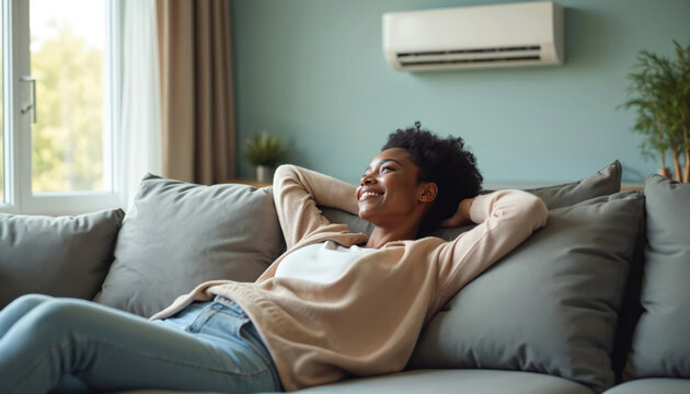 Happy black woman relaxing on sofa in air conditioned room. Young smiling female enjoys cool fresh air from wall unit. Girl rests comfortably on couch at home escaping summer heat with climate system.