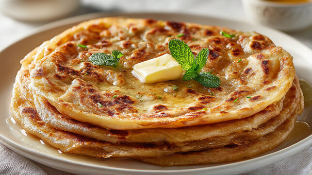 Stack of golden brown parathas with melting butter and fresh mint on a plate, a popular indian flatbread