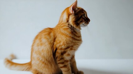 Video A cat sitting on a white surface looking upwards
