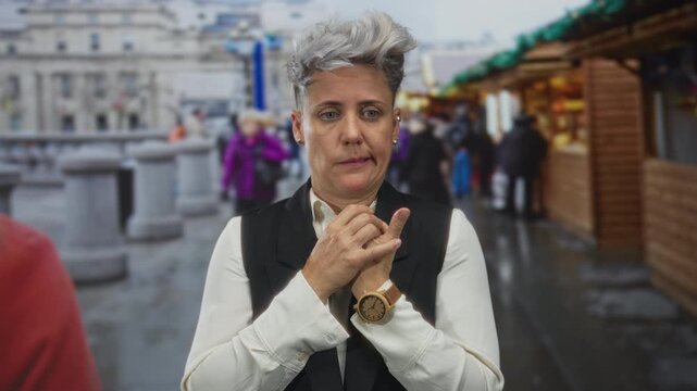 Woman biting fingers with trembling hands in street market aisle wearing wooden watch near souvenir stalls; anxiety.