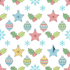 Pastel Christmas Pattern with Stars and Ornaments