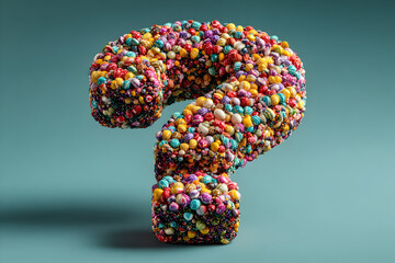 Question mark crafted from colorful candy sprinkles on a blue background