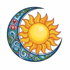 Vibrant sun and moon celestial design with lotus flowers and swirling patterns, symbolizing duality and cosmic harmony