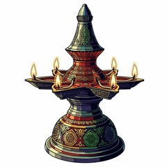 Vibrant, ornate Indian oil lamp with multiple flickering flames illuminates festive celebrations and cultural traditions with warm, inviting light