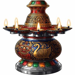 Captivating ornate multi-wicked oil lamp with intricate gold detailing and vibrant cultural motifs illuminating with warm flame