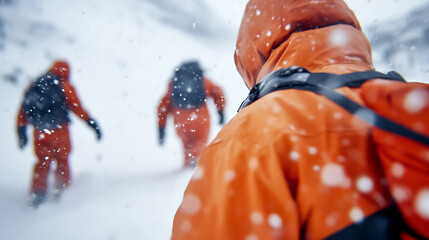 Brave mountaineers trudge through a winter wonderland, conquering snowy peaks. An image of resilience, and determination against the chilling embrace of winter's grandeur.