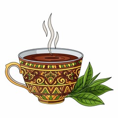Steaming decorative cup filled with rich dark beverage and fresh green tea leaves beside it