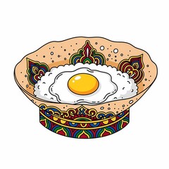 Vibrant, delicious fried egg served atop fluffy white rice in a beautifully ornate, colorful dish, perfect for culinary themes.