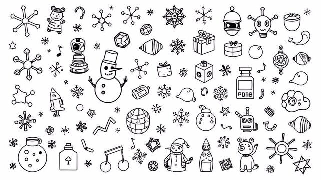 Hand-drawn doodle animation with alpha channel on transparent background of winter gifts, robots, snowflakes, ornaments and creative holiday tech icons.